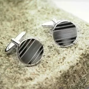 Rhodium plated metal polished and matt finish round cufflinks