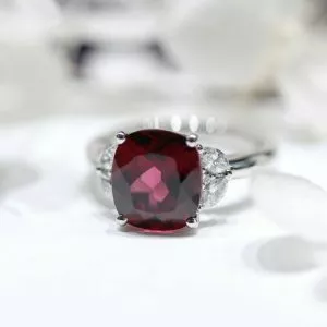 Platinum 5.25ct cushion rhodolite garnet and diamond ring