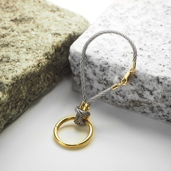 18ct yellow gold and steel cable keyring