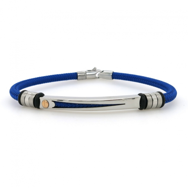 Stainless steel and 18ct rose gold royal blue woven rope bracelet