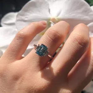 Platinum 3.33ct blue zircon emerald cut and diamond ring