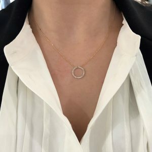 18ct yellow gold baguette and round diamond circle necklace