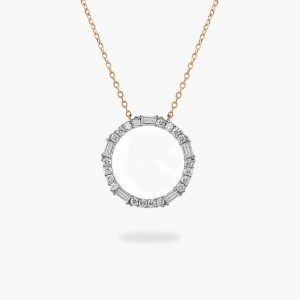 18ct rose gold baguette and round diamond circle necklace