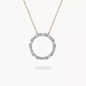 18ct rose gold baguette and round diamond circle necklace