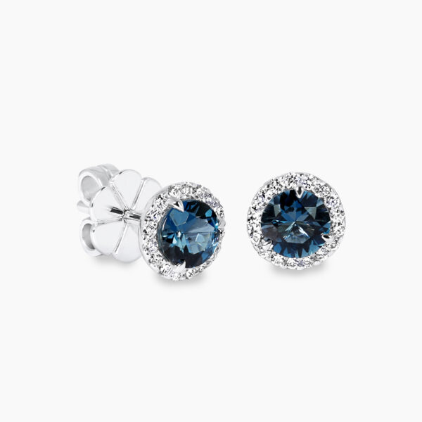 18ct white gold london blue topaz & diamond halo stud earrings