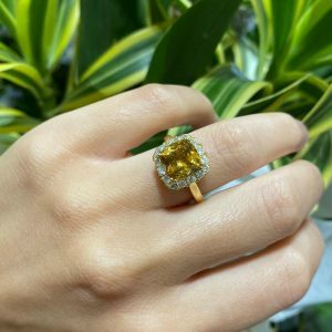 18ct yellow gold 2.77ct cushion cut yellow tourmaline and diamond ring