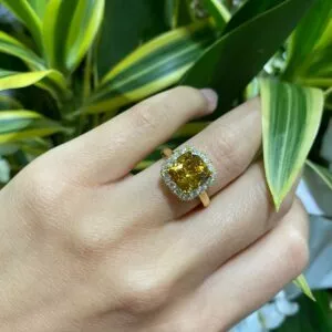 18ct yellow gold 2.77ct cushion cut yellow tourmaline and diamond ring