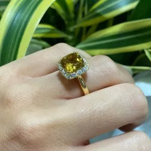 18ct yellow gold 2.77ct cushion cut yellow tourmaline and diamond ring