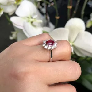 18ct white gold oval 1.02ct ruby & diamond ring