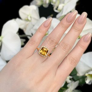 18ct yellow gold 2.77ct cushion cut yellow tourmaline and diamond ring