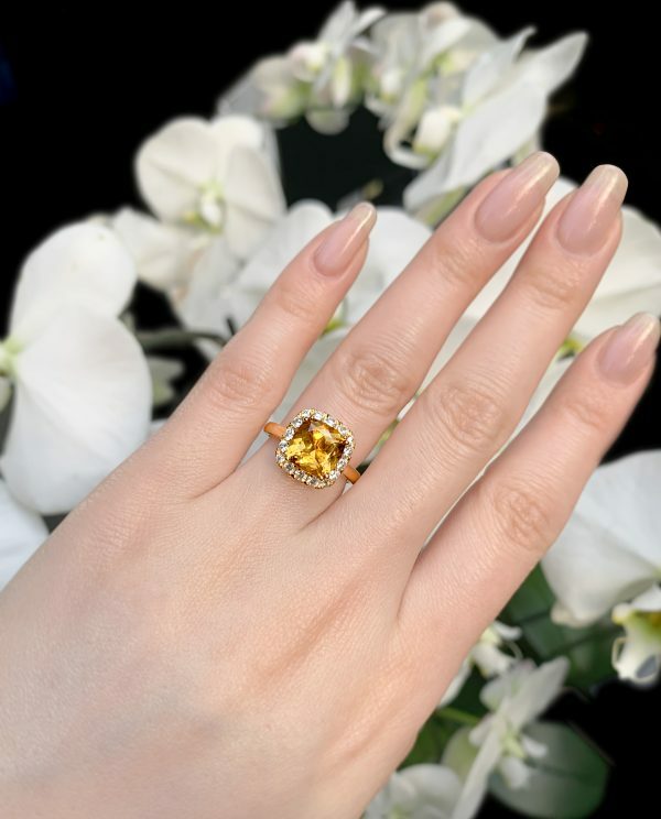 18ct yellow gold 2.77ct cushion cut yellow tourmaline and diamond ring