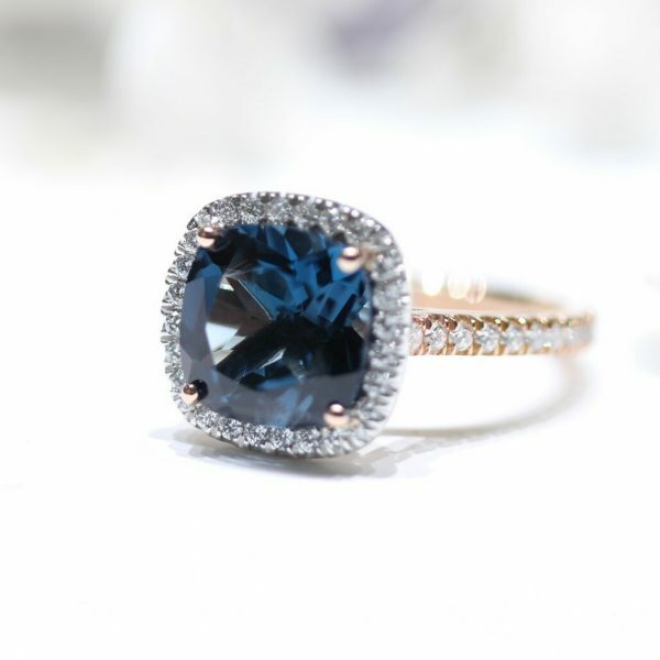 18ct rose and white gold 4.46ct cushion London blue topaz & diamond ring