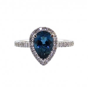 18ct white gold 1.57ct Pear London blue topaz and diamond halo ring