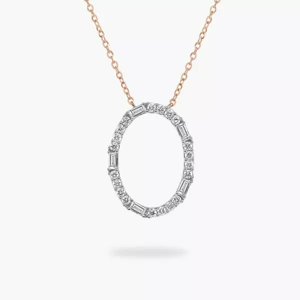 18ct rose gold oval shape baguette and round diamond necklace