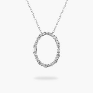 18ct white gold oval shape baguette and round diamond necklace