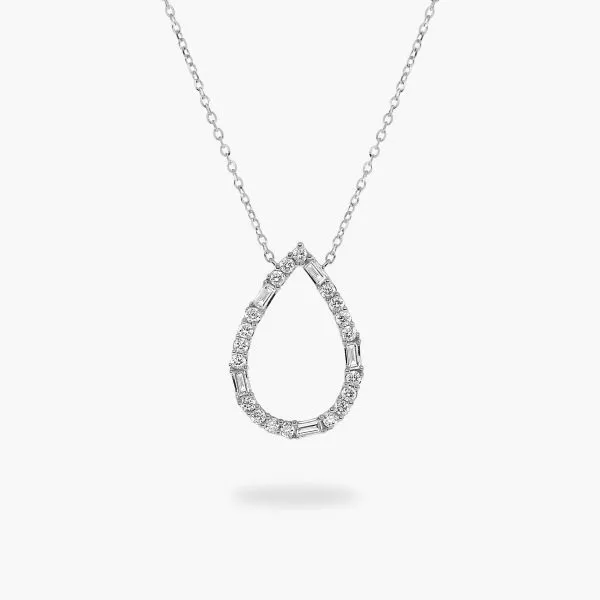 18ct white gold pear shape baguette and round diamond necklace