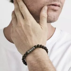 Bronzite and stainless steel beaded stretchy mens bracelet