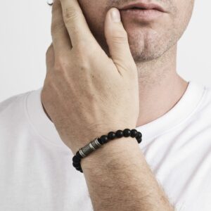 Black agate and stainless steel mens stretchy bracelet