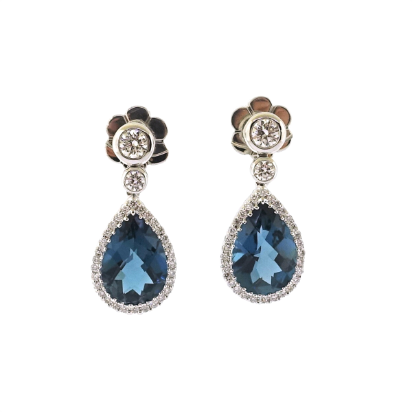 18ct white gold pear shape London blue & diamond drop earrings