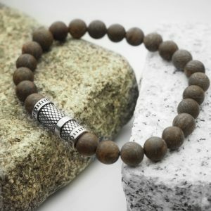 Bronzite and stainless steel beaded stretchy mens bracelet