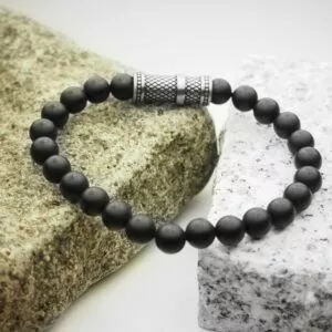 Black agate and stainless steel mens stretchy bracelet