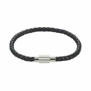 Black leather and stainless steel mens bracelet 22cm