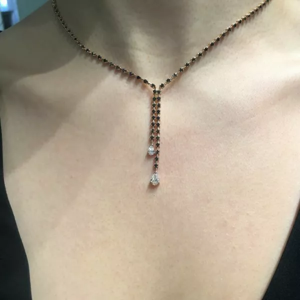 18ct rose gold black diamond drop necklace with pear shape diamonds