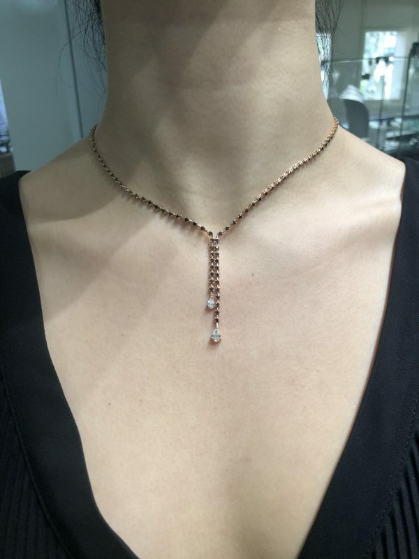 18ct rose gold black diamond drop necklace with pear shape diamonds