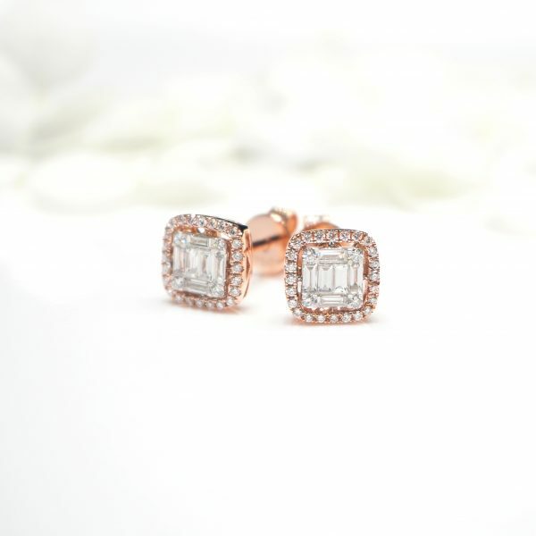 18ct rose gold baguette & round diamond cluster stud earrings