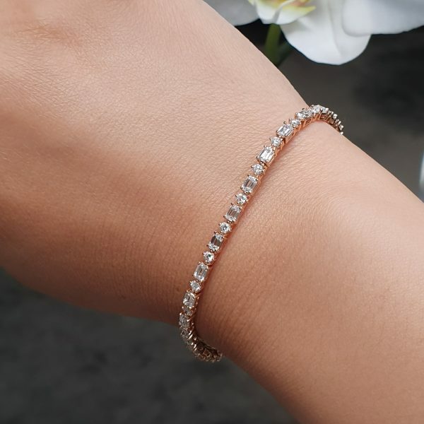 18ct rose gold baguette & round diamond tennis bracelet