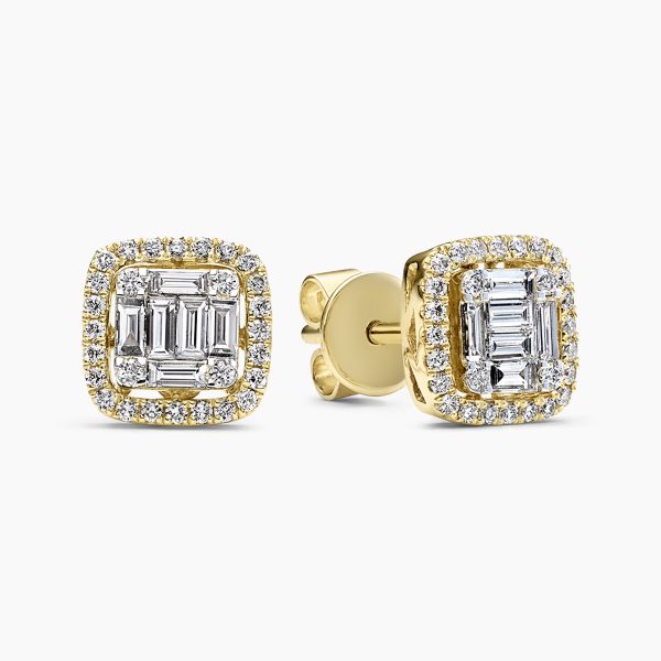 18ct yellow gold baguette & round diamond cluster stud earrings