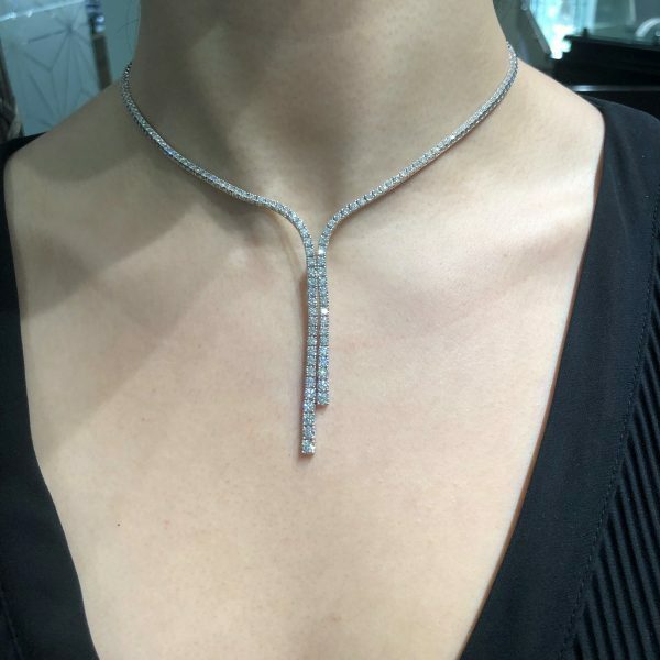 18ct white gold diamond drop tennis necklace