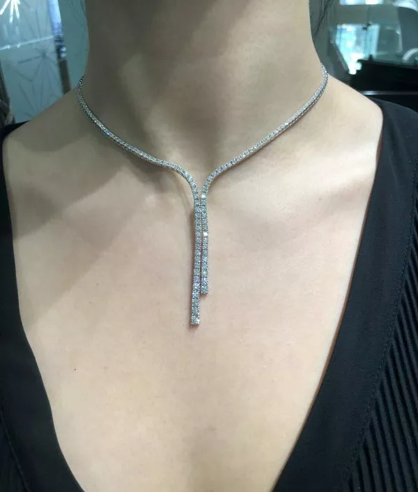 18ct white gold diamond drop tennis necklace