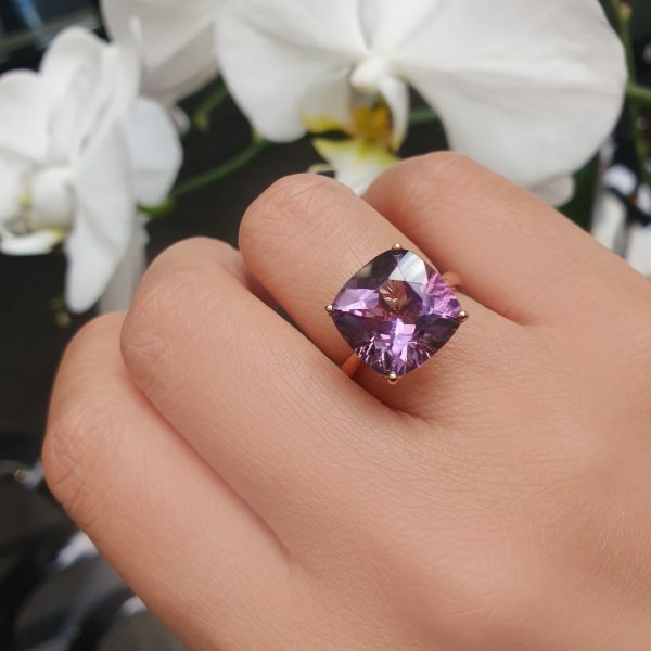18ct rose gold 6.23ct cushion cut amethyst and diamond ring