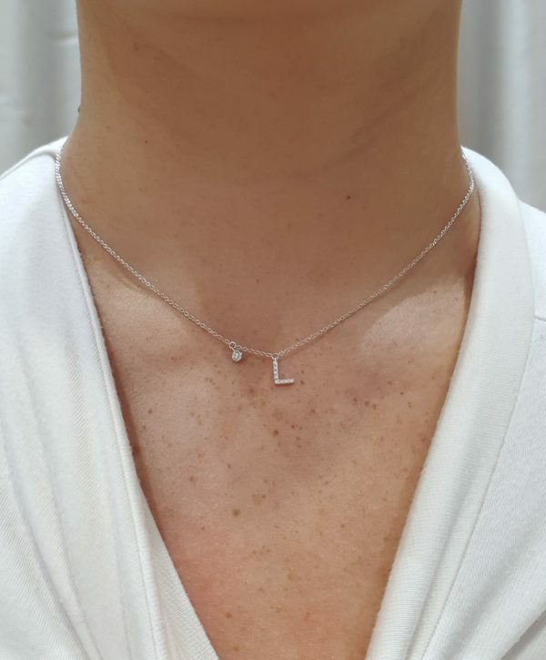 18ct white gold diamond set initial "L" necklace