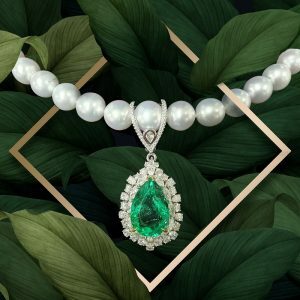 'La Scala necklace' 18ct gold pear Colombian emerald pearl necklace