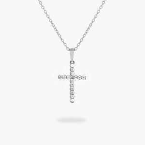 18ct white gold claw set diamond cross necklace