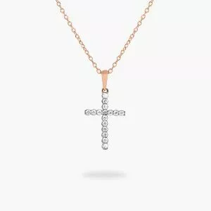 18ct rose gold claw set diamond cross necklace