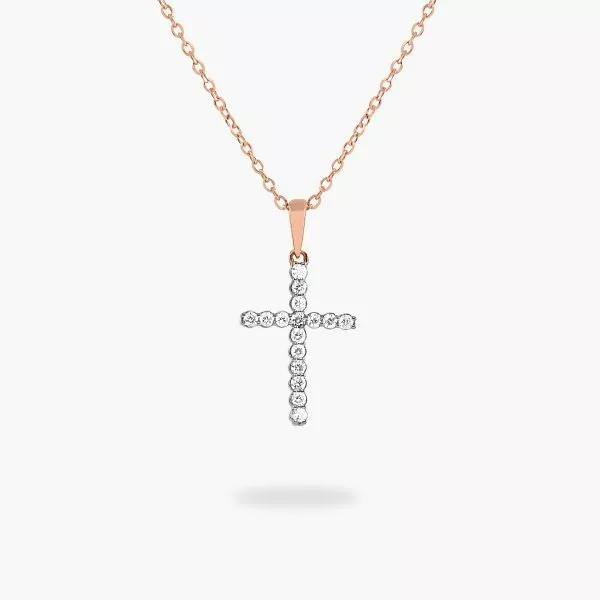 18ct rose gold claw set diamond cross necklace