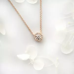 18ct rose gold 0.20ct round diamond halo necklace