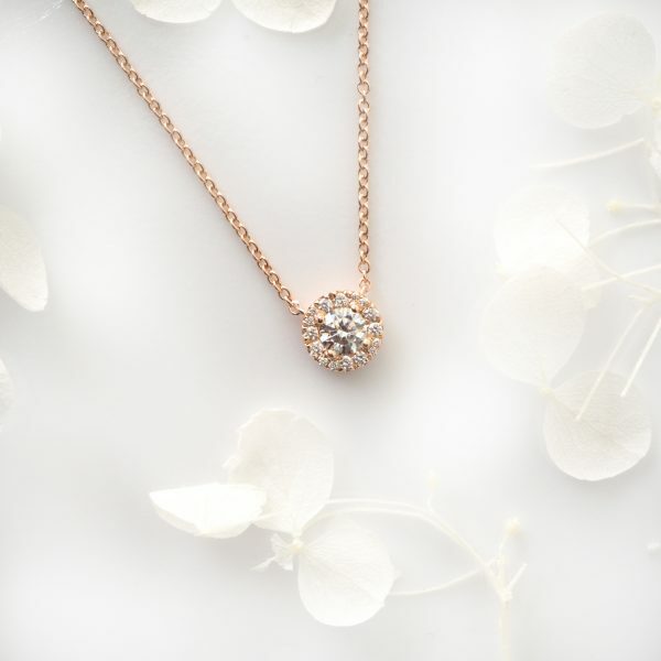 18ct rose gold 0.20ct round diamond halo necklace