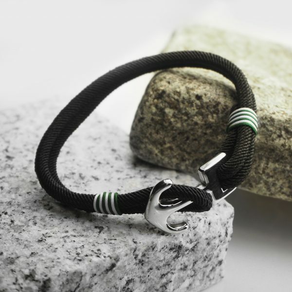 Stainless Steel black, white and green cord anchor bracelet