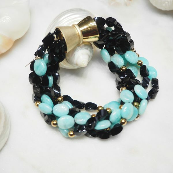 Onyx and amazonite beads with gold plated balls bracelet