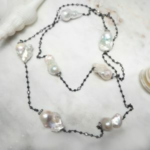 Baroque fresh water pearl hemitite beads & black rhodium silver necklace