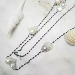 Baroque fresh water pearl hematite beads & black rhodium silver necklace