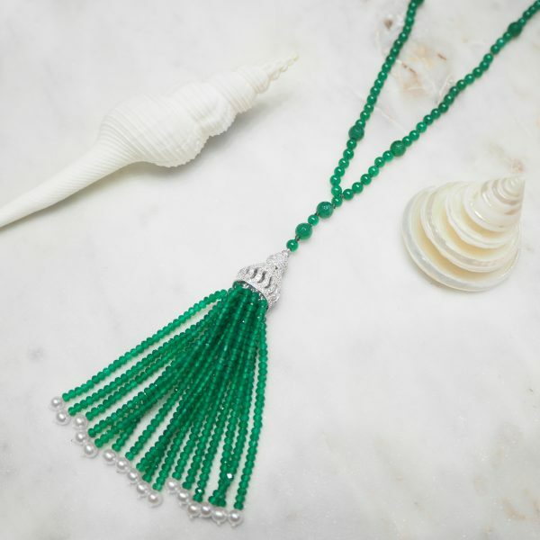 Green agate beads silver cubic zirconia fresh water pearl tassel necklace