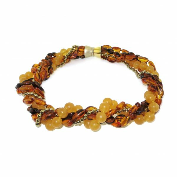 Amber gold plated hemitite and orange calcite beads necklace