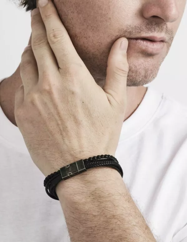Black leather hematite antique plated stainless steel bracelet - Image 2