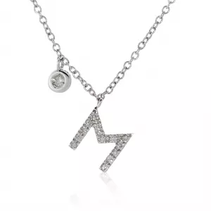 18ct white gold diamond initial "M" necklace with bezel set diamond