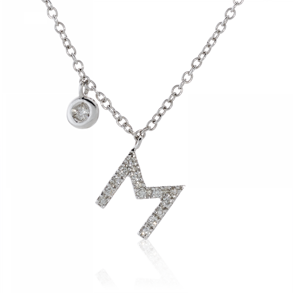 18ct white gold diamond initial "M" necklace with bezel set diamond